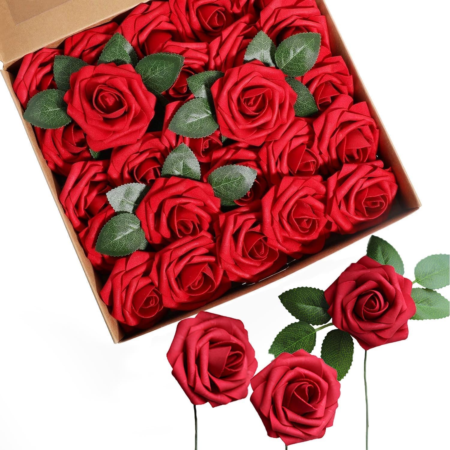 25 Piezas de Rosas Artificiales Rojas, Rosas Artificiales, Decoración de Flores Artificiales con Tallos para Bodas, Decoración de DíA de San Valentín, Decoración de Fiestas, Decoración del Hogar-Rojo